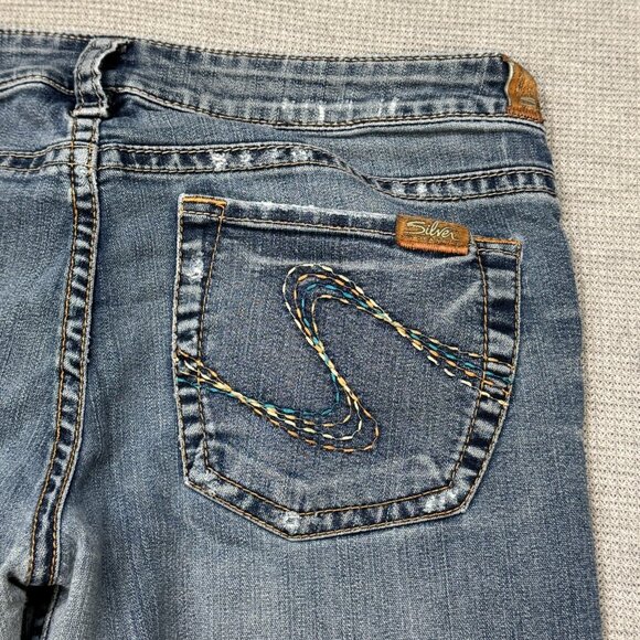 Silver Jeans Womens Blue Distressed Denim Tina Bootcut Double Button Waist Sz 32 - Picture 6 of 16